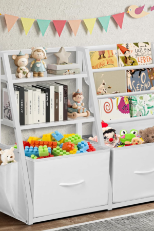 Kids Bookshelf and Toy Storage Cabinet with Drawers, Montessori Book Shelf for Nursery, Bedroom and Playroom