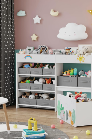 Kids Bookshelf with Fabric Bins and Toy Storage Chest, Montessori Style Organizer for Nursery, Playroom and Kindergarten