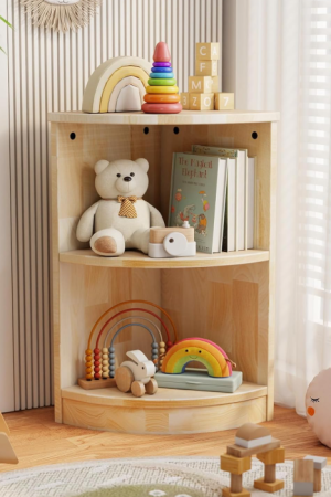 Wooden Corner Kids Storage Cabinet with Bookshelf, Montessori Toy Organizer Shelf for Playroom, Nursery and Kindergarten